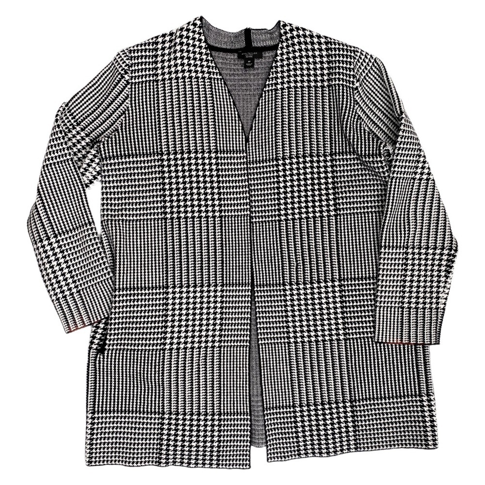 Ann Taylor Herringbone Black White Long Open Cardigan Pockets Cozy Sweater Knit